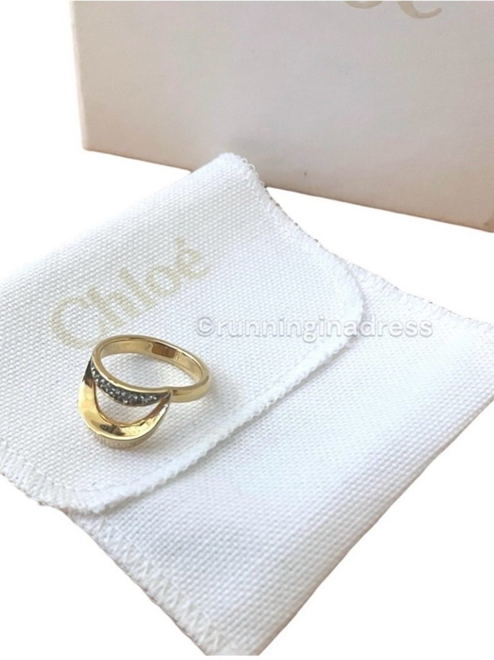 Chloé Crescent Pave Crystal Ring Gold Tone Statement EU 54 US 7 Full Set Box Bag